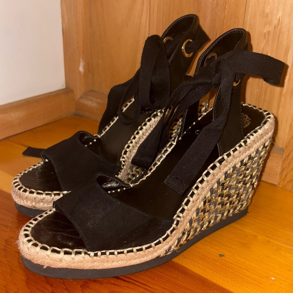 Vince Camuto Black Espadrille Wedge Sandals with Ankle Tie